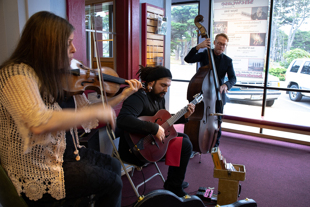 theater lobby with musicians